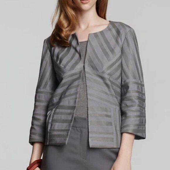 Lafayette 148 Gray Striped Hook & Eye 3/4 Sleeve Leather Jacket | Size 18 - Picture 1 of 9